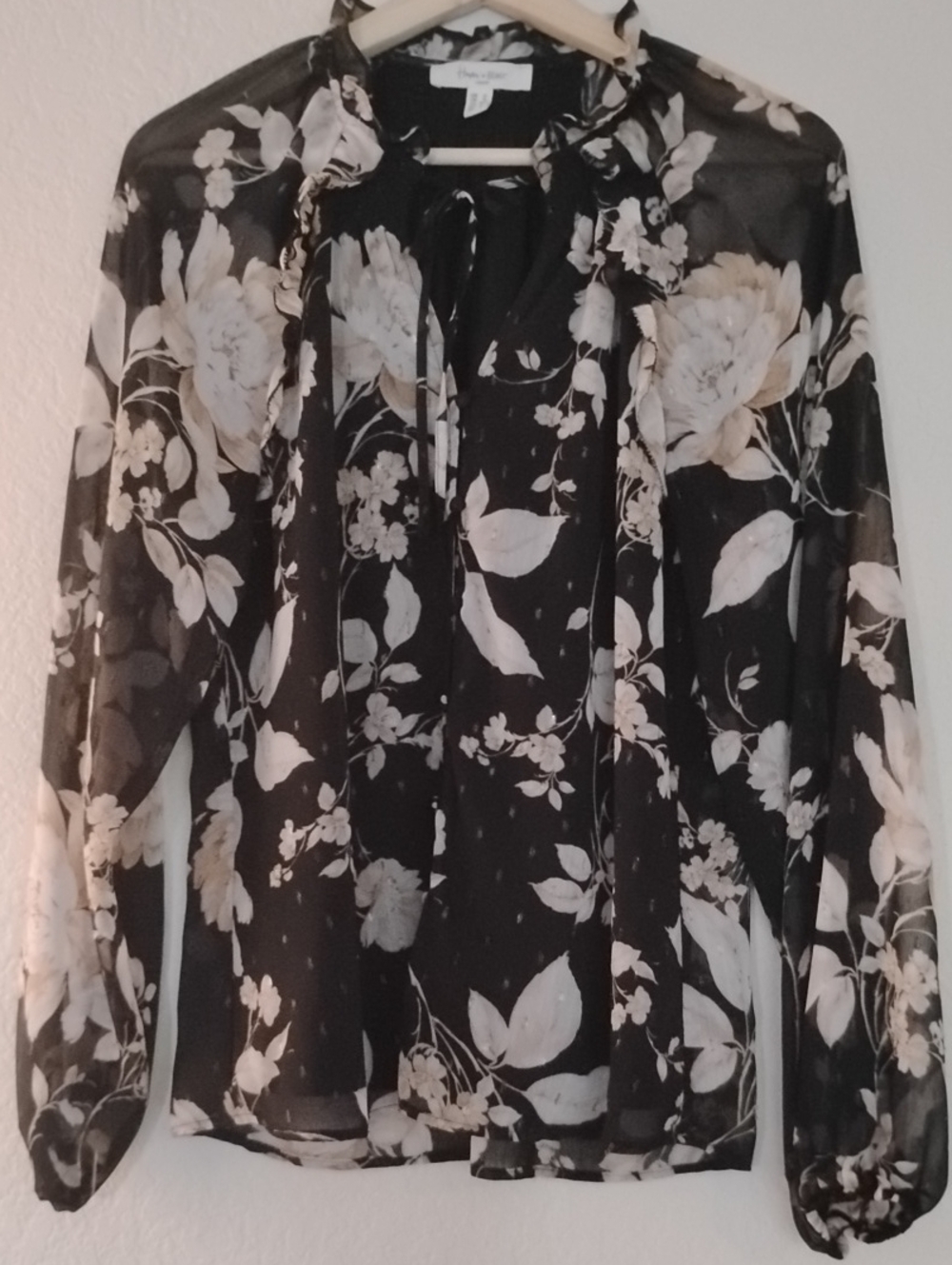 Haver + Blair London Floral Tie-Neck Sheer Blouse - Black/Tan And Cream Flowers